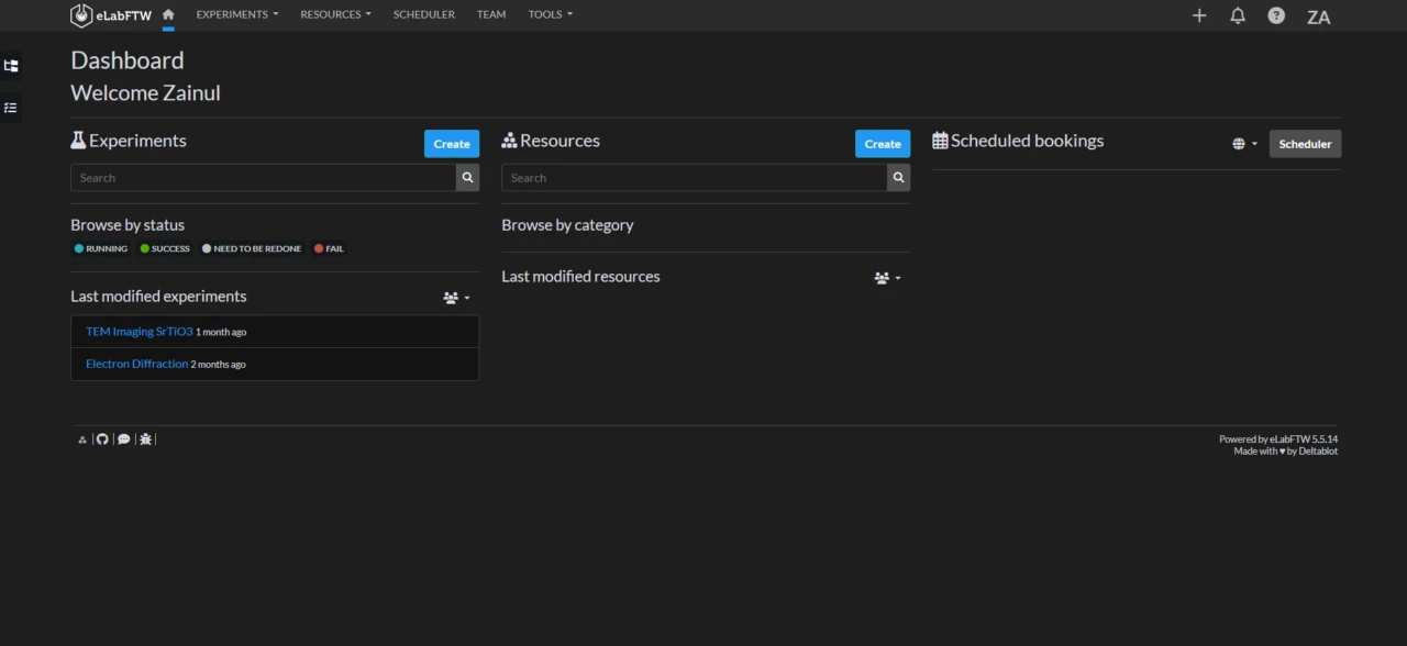 eLabFTW electronic lab notebook dashboard