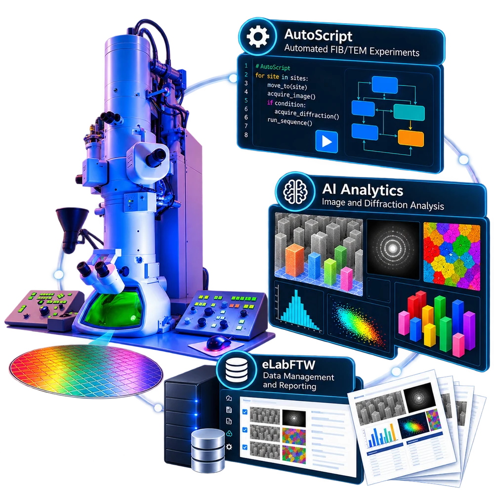 Automated characterization pipeline: a TEM driven by AutoScript, AI image and diffraction analysis, and eLabFTW for data management and reporting