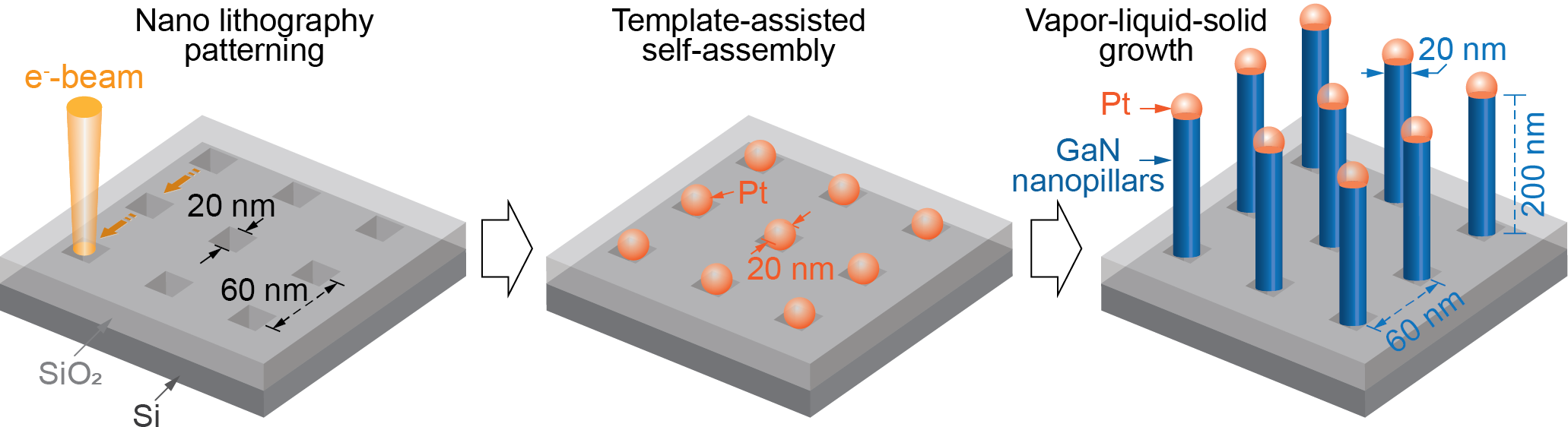Nano lithography patterning, template-assisted self-assembly and vapor-liquid-solid growth of GaN nanopillars