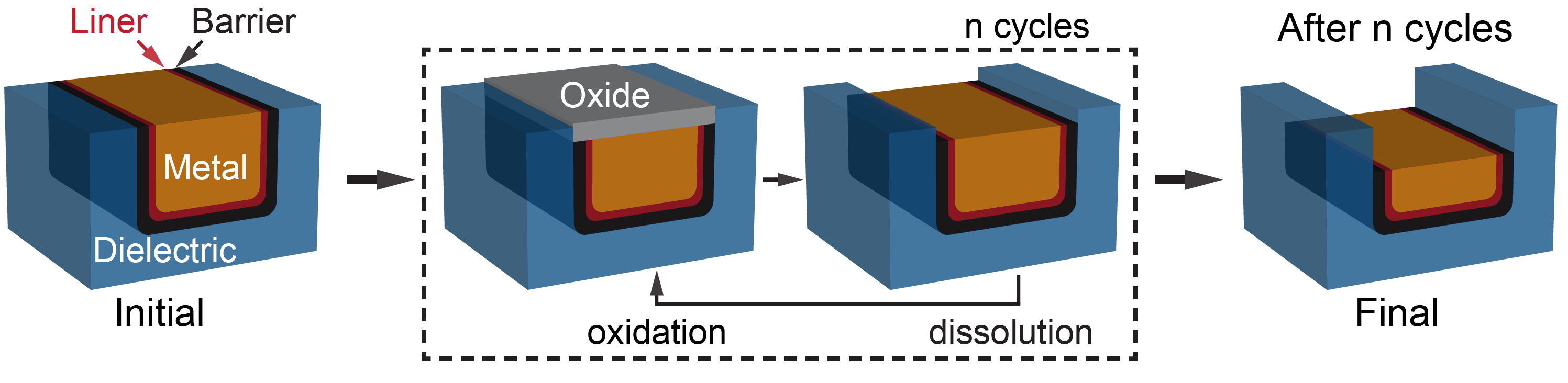 Cyclic oxidation and dissolution of a metal interconnect, then etching of the barrier