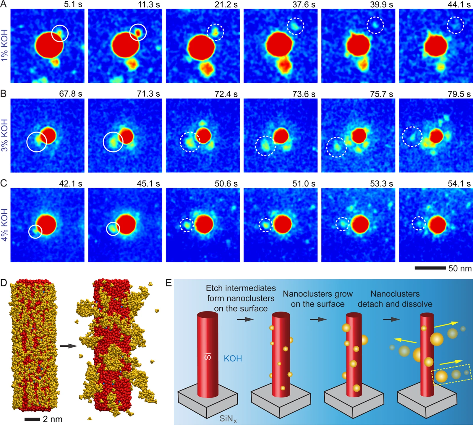 Figure 3. Mechanism of a-Si nanopillar etching by KOH. Time-resolved in situ TEM image series in false color showing for