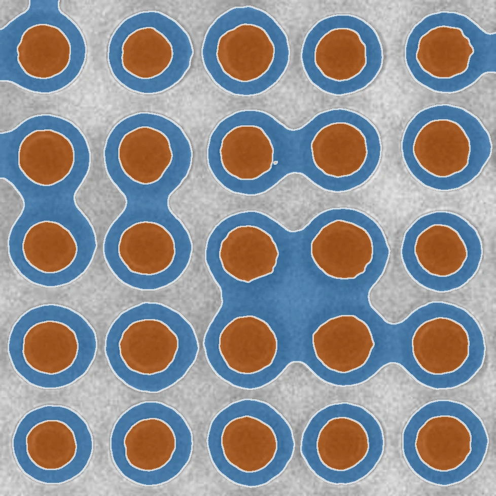 AI segmentation: nanopillars orange, condensed water blue, SiNx membrane grey